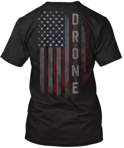 Black crewneck T-shirt with American flag drone graphic and vertical DRONE text
