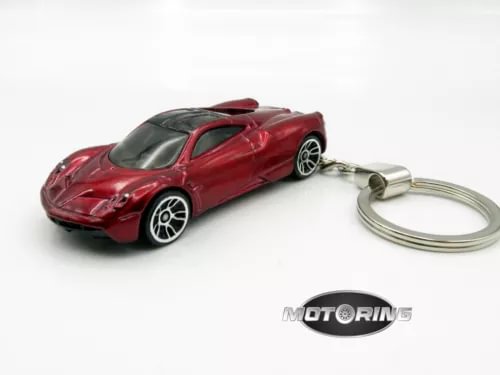 Maroon diecast car keychain with chrome keyring and black hood detail