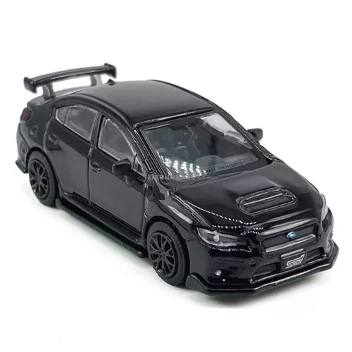 Black diecast model car, Subaru WRX STI S207, front 3/4 view