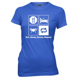 Women’s blue T-shirt with drone graphic and “Eat, Sleep, Drone, Repeat” text