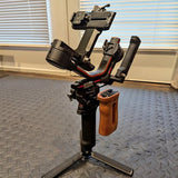 Camera gimbal stabilizer with wooden grip and mounted control module