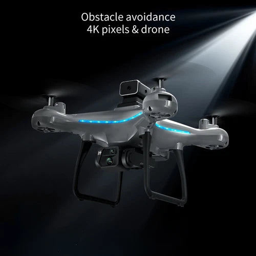 Grey RC quadcopter drone with front camera module and glowing blue LED lights