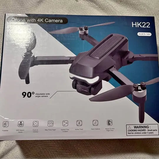 HK22 drone with 4K camera and foldable propellers on retail box