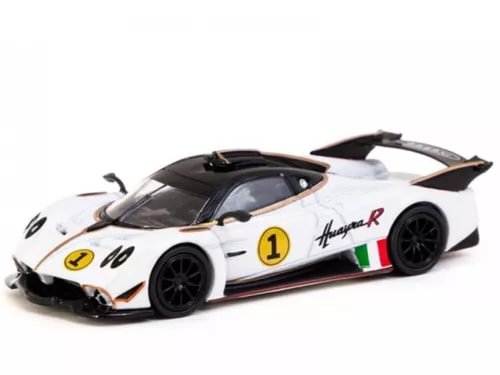 White 1:64 diecast race car model with black wheels and front splitter, number 1 decal