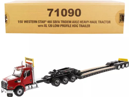Red and black 1/50 diecast heavy-haul tractor with flatbed trailer model