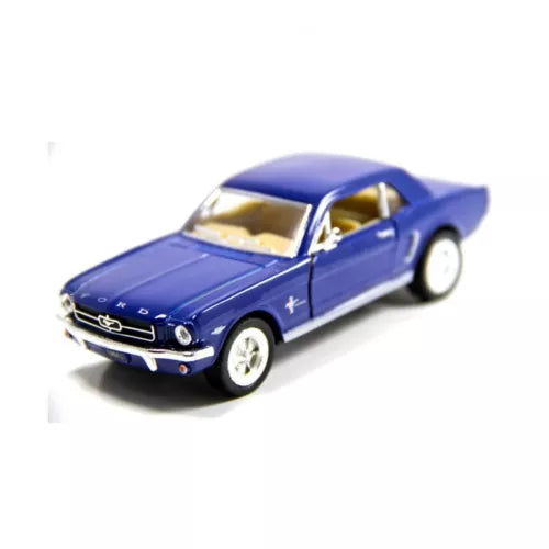 Blue 1964 1/2 Ford Mustang diecast model toy car, 1:36 scale, front three-quarter view.