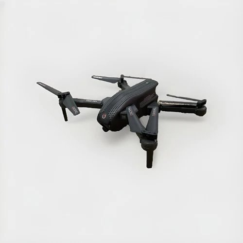 Dark gray quadcopter drone with four propeller arms and camera body