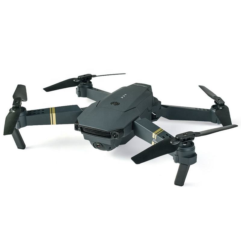 Black pocket quadcopter drone with 4K-style camera and four foldable propellers