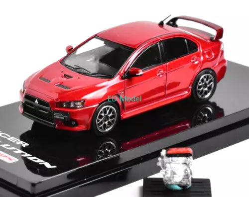 Red diecast model car toy with open hood, side view, metal body and black wheels