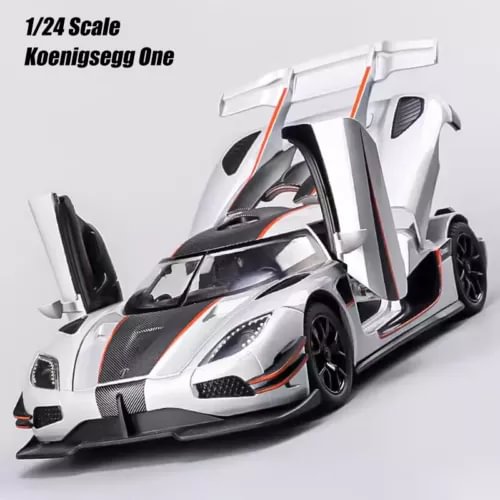 1/24 Koenigsegg One diecast supercar model, white with black accents