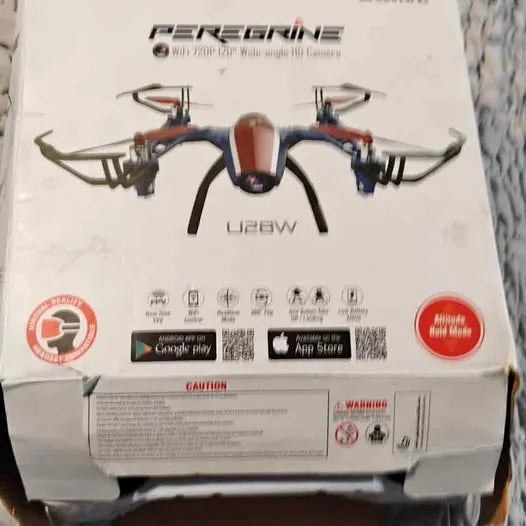 Folding quadcopter drone with four arms and prop guards, shown on retail box