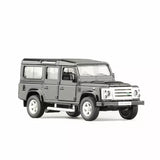 Land Rover Defender diecast toy car, 1/36 scale, dark gray, front 3/4 view