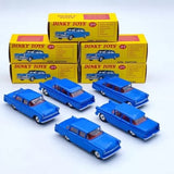 Set of five blue diecast model cars with packaging boxes