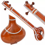 Brown wooden tanpura drone with carved inlay and four tuning pegs