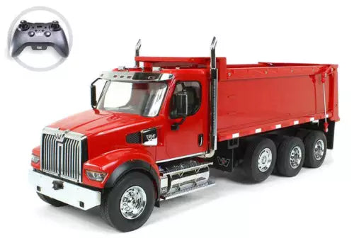 Diecast R/C dump truck, red Western Star 49X 1/16 scale with raised dump bed