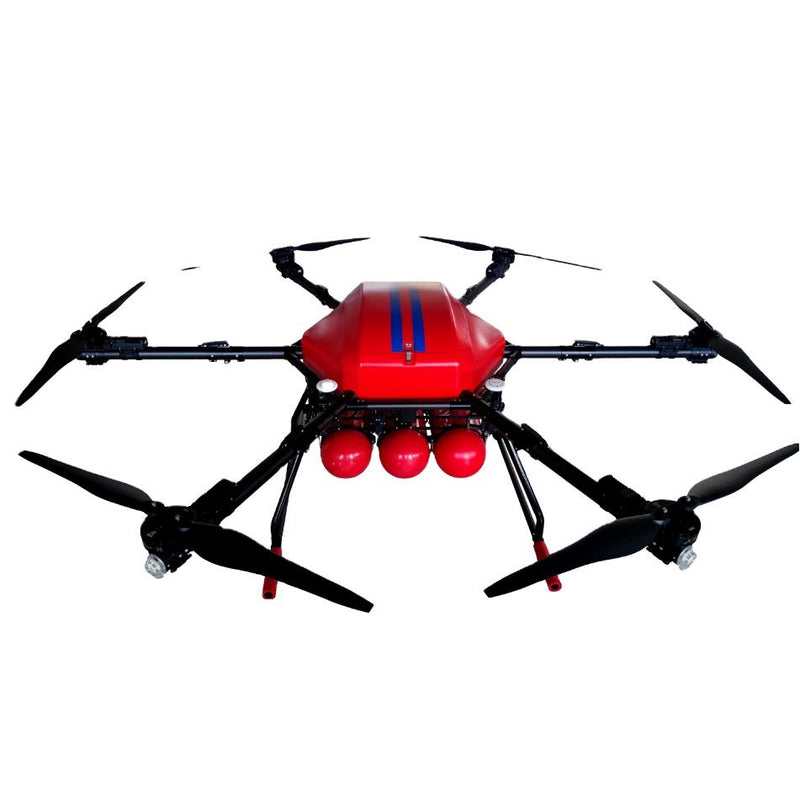 Agricultural drone with red body and four pairs of black propellers