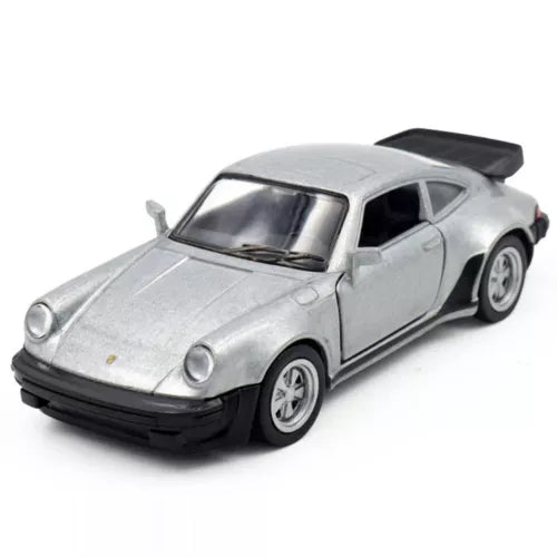 Silver 1:36 diecast toy model car with black details and raised rear spoiler