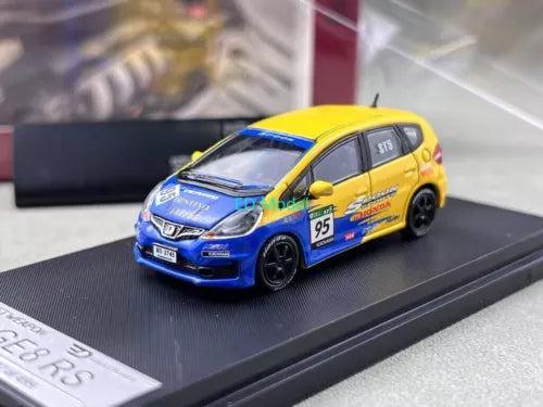Diecast metal sports car toy, blue and yellow with racing decals, black wheels