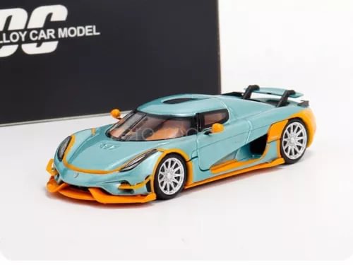 Koenigsegg Regera 1/64 diecast car model, light blue with orange trim and white wheels