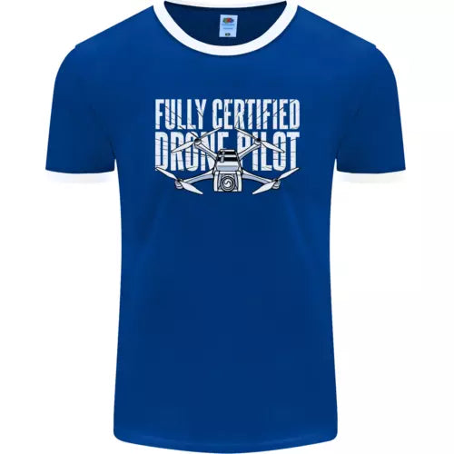 Blue ringer T-shirt with white collar and drone pilot front graphic