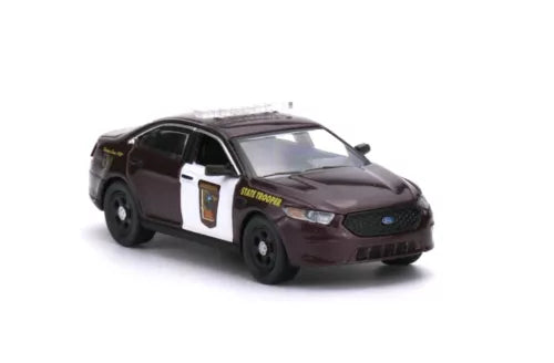 1:64 police interceptor diecast car toy, dark maroon sedan with side door logo
