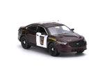 1:64 police interceptor diecast car toy, dark maroon sedan with side door logo