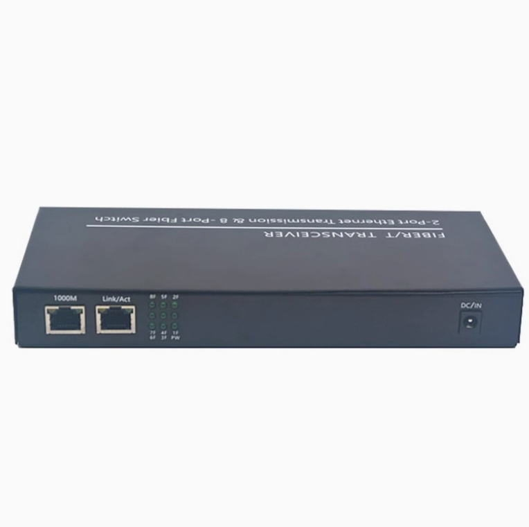 Gigabit Ethernet fiber optic switch with 2 optical and 8 electrical ports, LED indicators