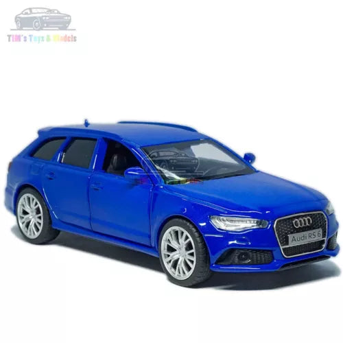 Blue Audi RS6 Avant 1:36 diecast model car with alloy wheels, front 3/4 view