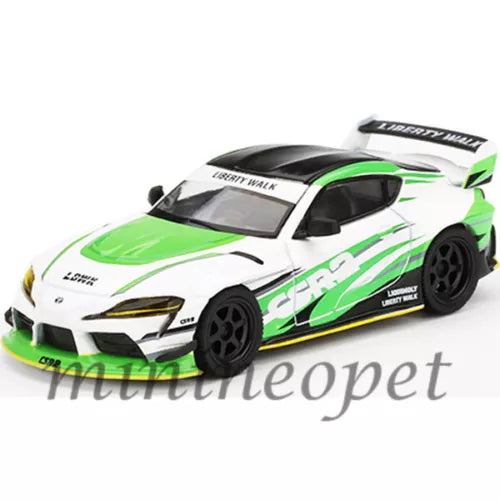 Die-cast sports car model, white and bright green with black wheels and rear spoiler.