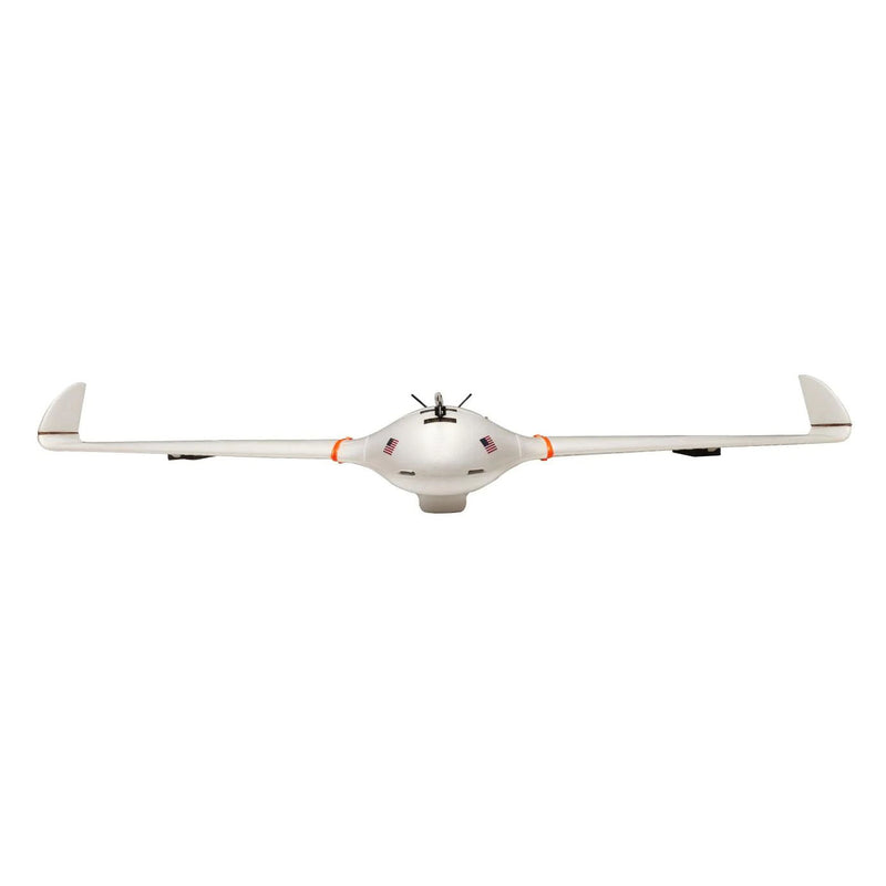 White fixed-wing drone with nose propeller and long wings