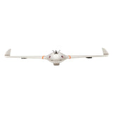 White fixed-wing drone with nose propeller and long wings
