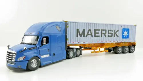 Blue diecast semi truck with MAERSK 40ft container, front-left view