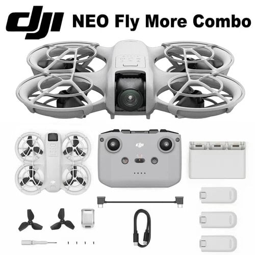 Gray mini drone with four propellers, front camera pod, and battery/accessory set