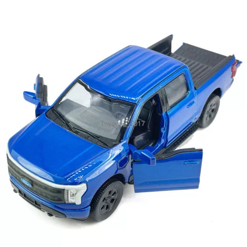 Blue diecast pickup truck model car with front doors open