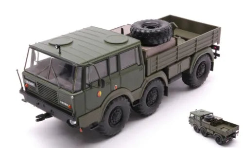 Olive green 1:43 scale 6x6 diecast military truck with open cab and cargo bed