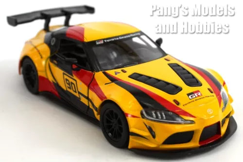 Toyota GR Supra racing concept diecast model car, yellow with black and red stripes