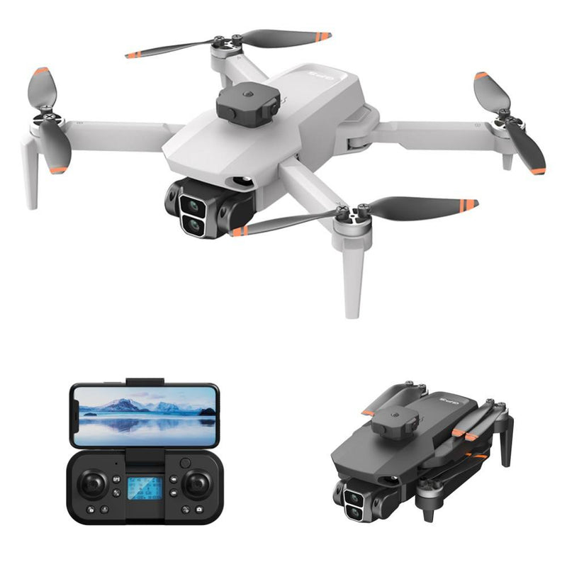 White mini quadcopter drone with camera and detachable controller, four folding propellers