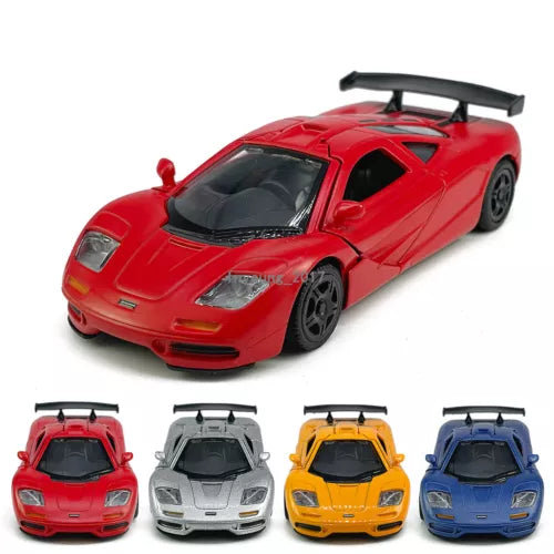 Red diecast model car, front view, with matching gray, yellow, and blue car models