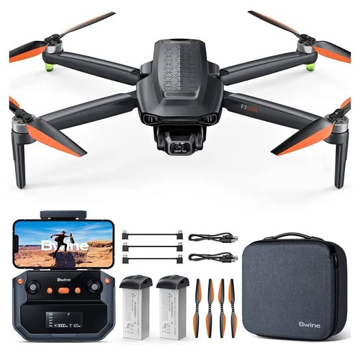 F7GIM Pro drone kit with gray drone, controller, spare batteries, cables, and carrying case