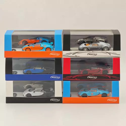 1:64 diecast car model set in six boxes, featuring orange, blue, and gray cars