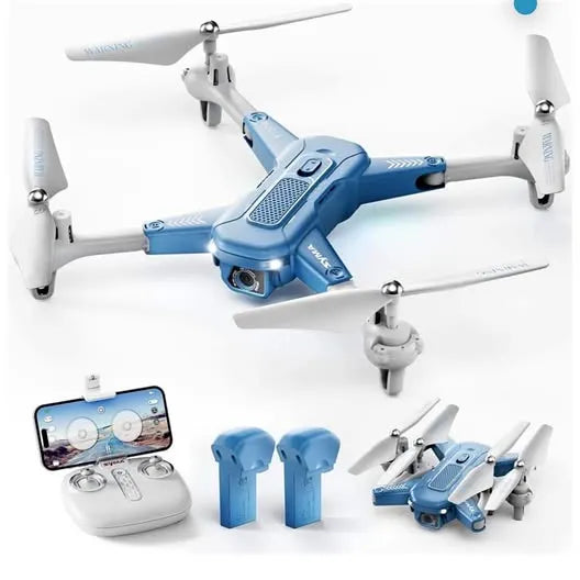 Blue foldable quadcopter drone with 1080P HD camera and controller
