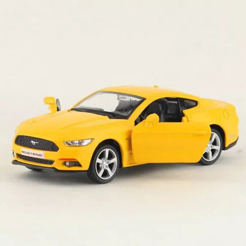 Yellow 2015 Ford Mustang diecast model car, door open, front three-quarter
