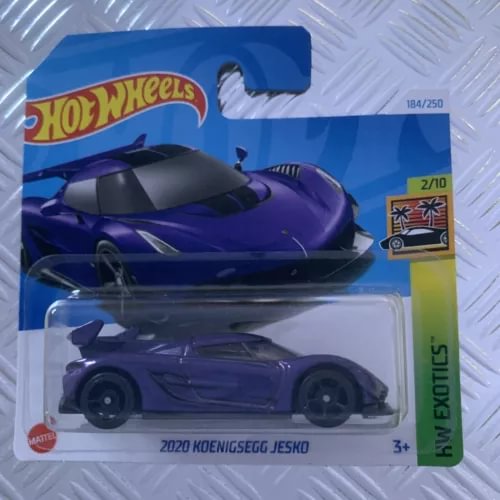 Hot Wheels 1:64 diecast Koenigsegg Jesko car, purple, in blister packaging