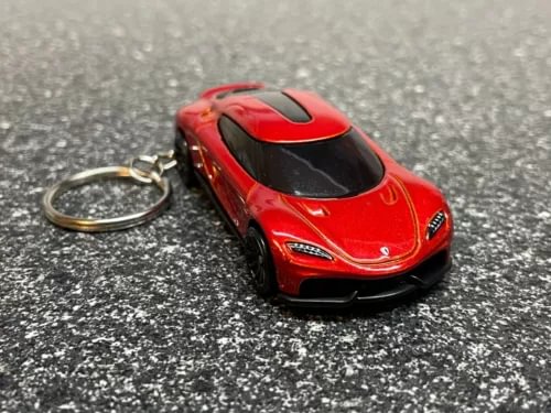Red diecast supercar keychain with keyring and black hood stripes
