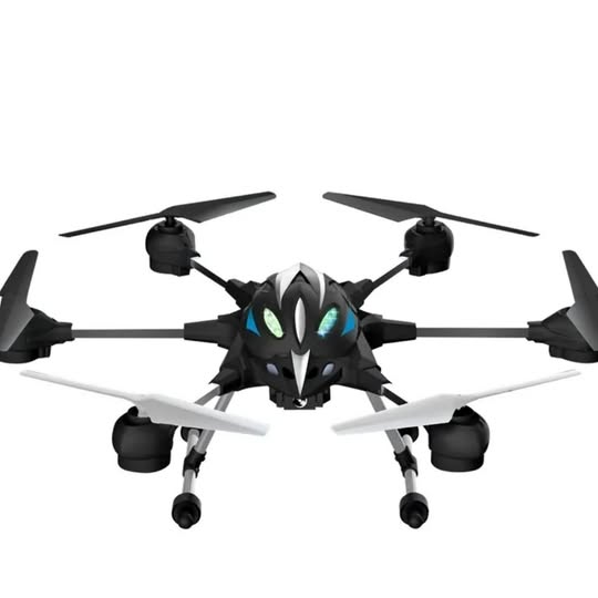 Black and white FPV quadcopter drone with four propellers and front camera