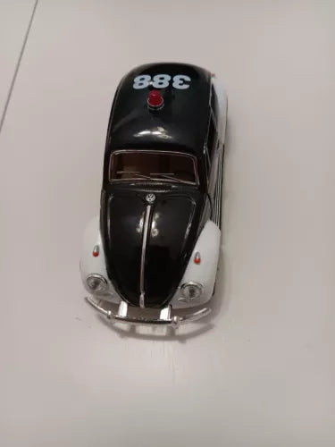 1:32 diecast police beetle toy car, black body with chrome bumper and white details