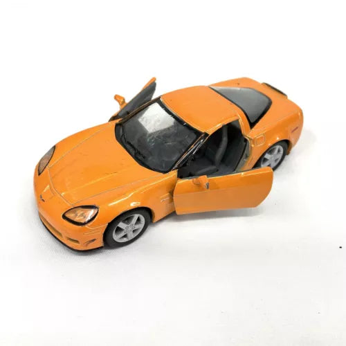 Orange diecast sports car toy with black stripe, front hood and side door open