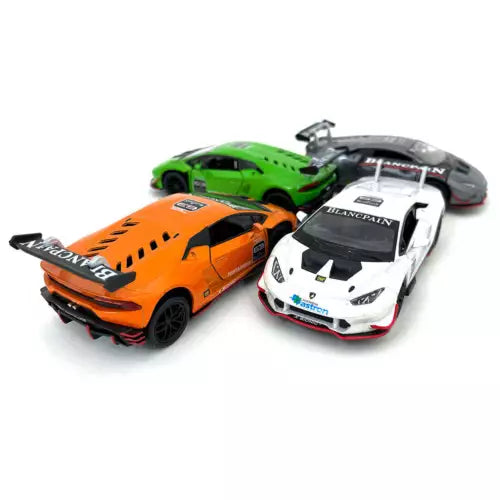 Racing diecast cars: orange and white car with black details, plus a green car behind