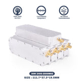 RF anti-drone jammer module with silver metal housing and coax connectors, 30W 2400-2500MHz