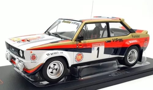 Red white blue Fiat 131 Abarth diecast rally car model with #1 decals